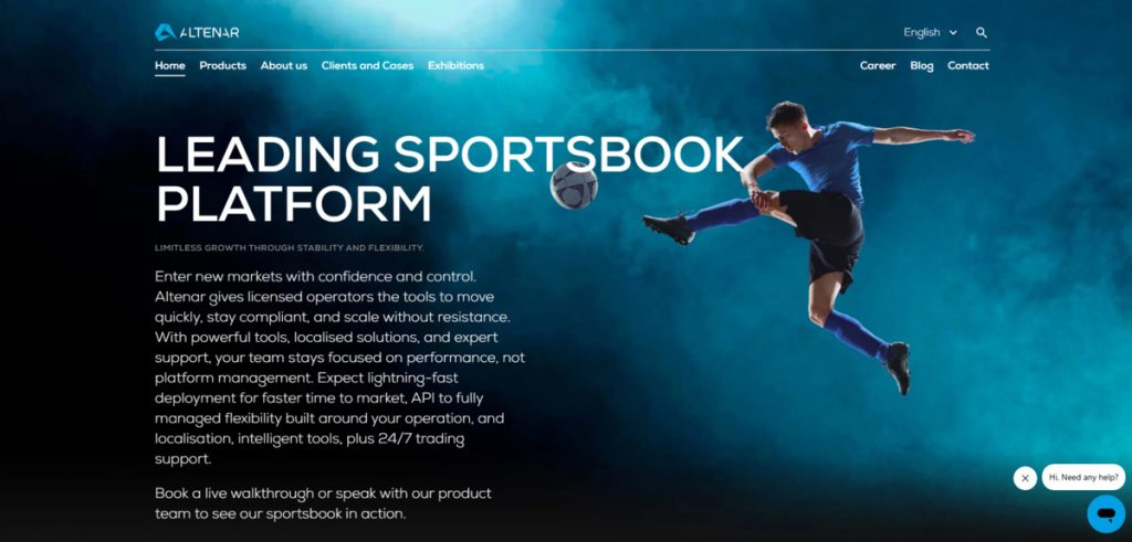 Altenar sportsbook platform homepage featuring a football player kicking a ball against a blue background